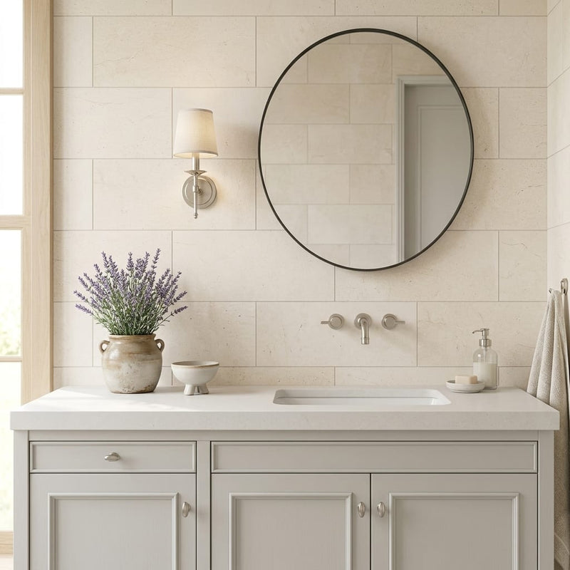Adour Creme Limestone Tile 12x24 Honed 1/2 inch — Bathroom vanity wall