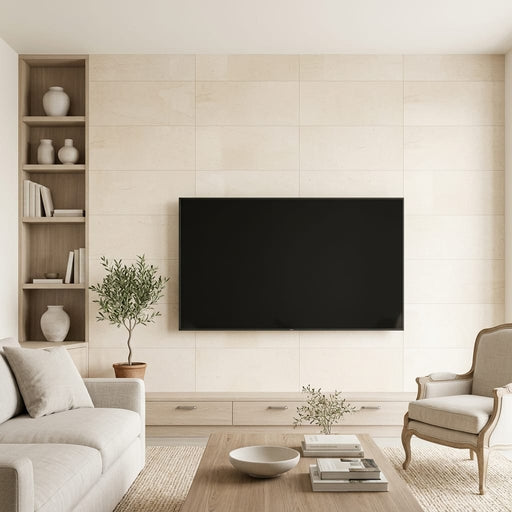 Adour Creme Limestone Tile 12x24 Honed 1/2 inch — Living Room feature wall