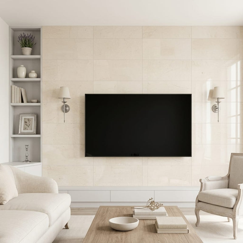 Adour Creme Limestone Tile 12x24 Polished 1/2 inch — Living Room feature wall