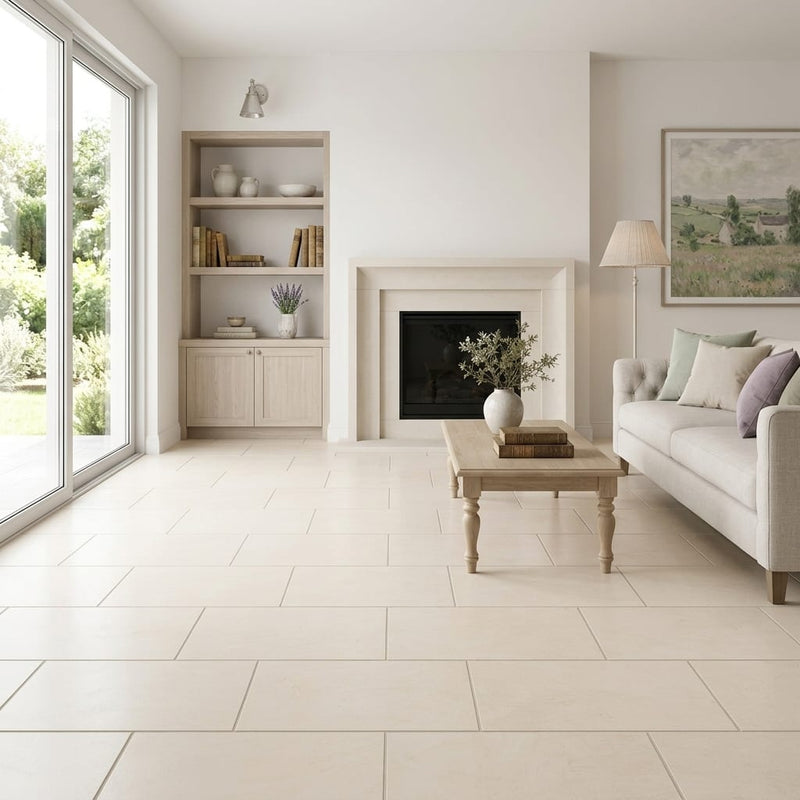Adour Creme Limestone Tile 12x24 Polished 1/2 inch — Living Room floor