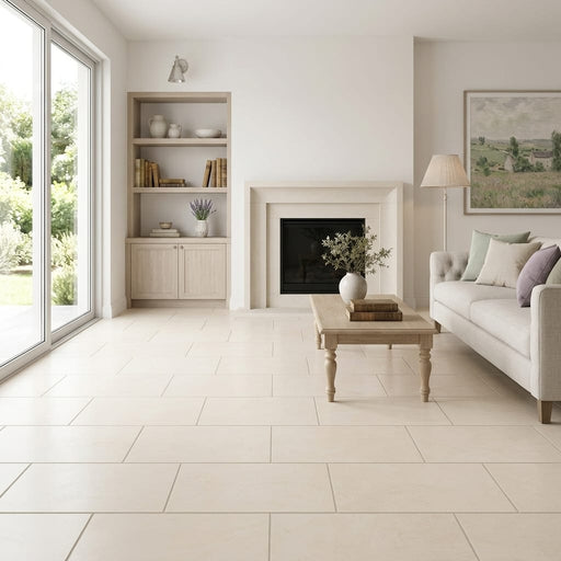 Adour Creme Limestone Tile 12x24 Polished 1/2 inch — Living Room floor