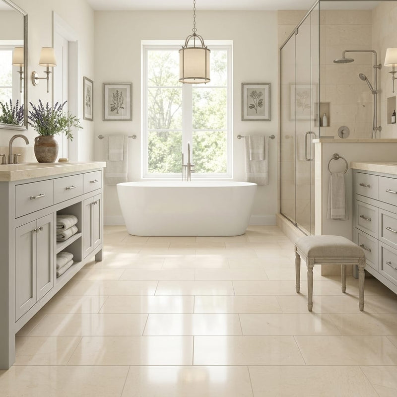 Adour Creme Limestone Tile 12x24 Polished 1/2 inch — Primary Bath floor