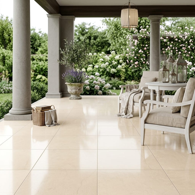 Adour Creme Limestone Tile 18x18 Polished 1/2 inch — Covered Patio floor