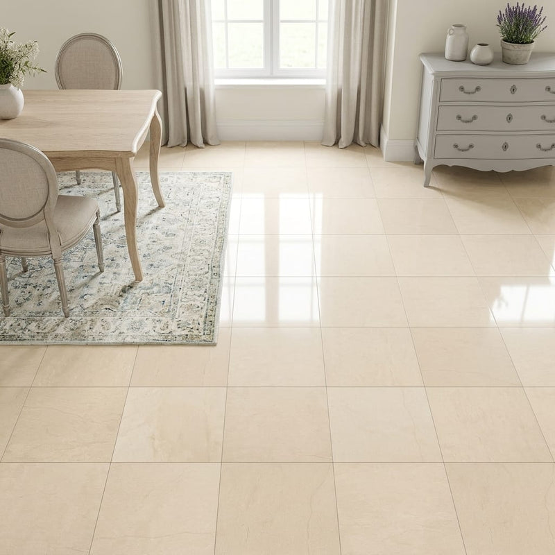 Adour Creme Limestone Tile 18x18 Polished 1/2 inch — Dining Room floor