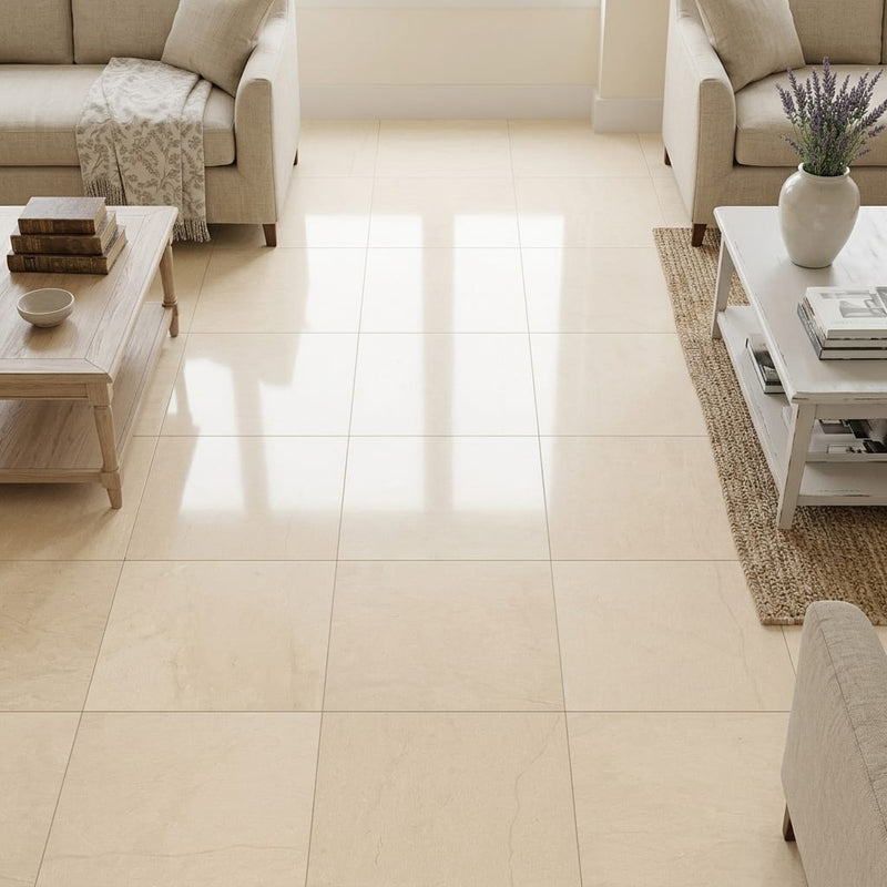 Adour Creme Limestone Tile 18x18 Polished 1/2 inch — Family Room floor