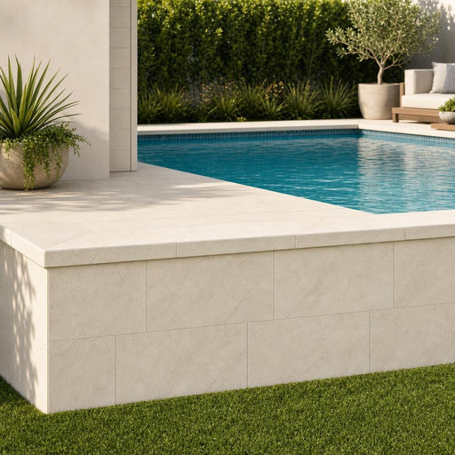 Aegean Pearl 12x24 Sandblast Travertine Pool Coping — Swimming Pool raised bond beam cap