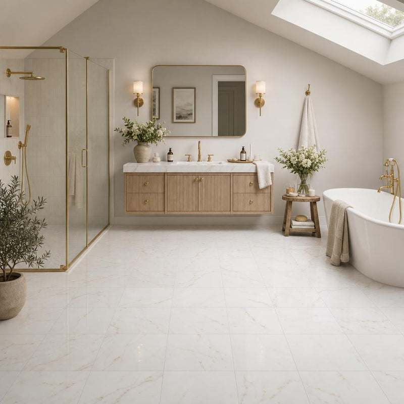 Afyon Sugar 12x12 Veined Marble Tile — Bathroom floor