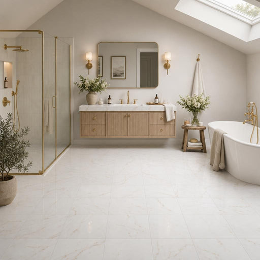 Afyon Sugar 12x12 Veined Marble Tile — Bathroom floor