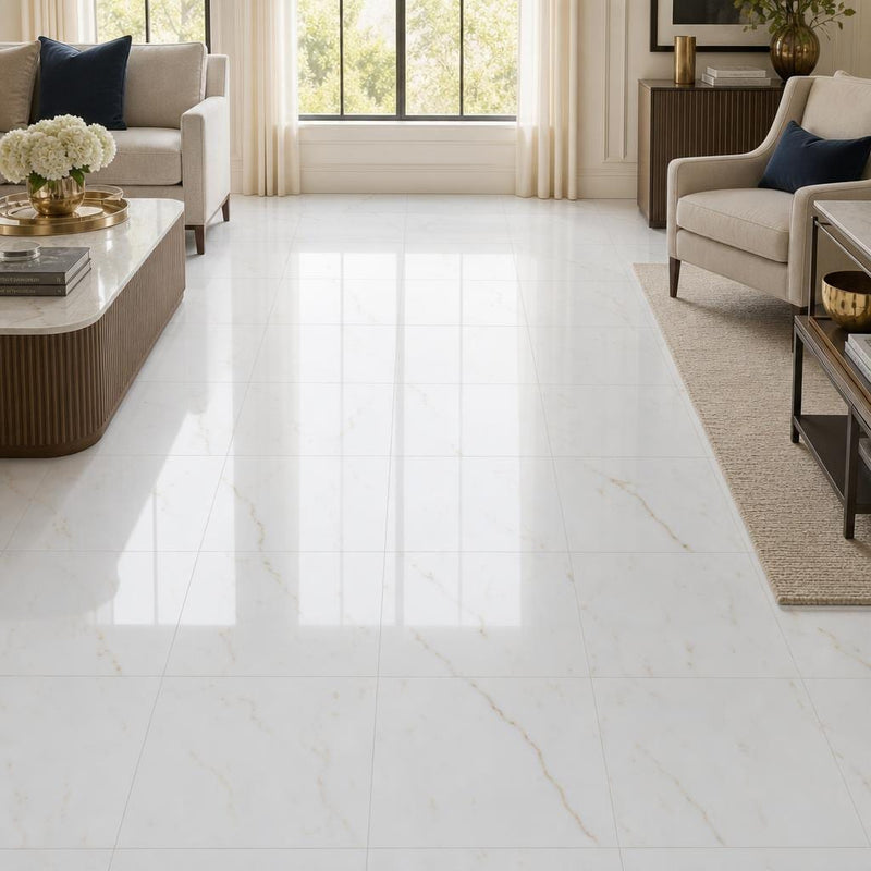 Afyon Sugar 18x18 Polished Veined Marble Tile — Family Room floor