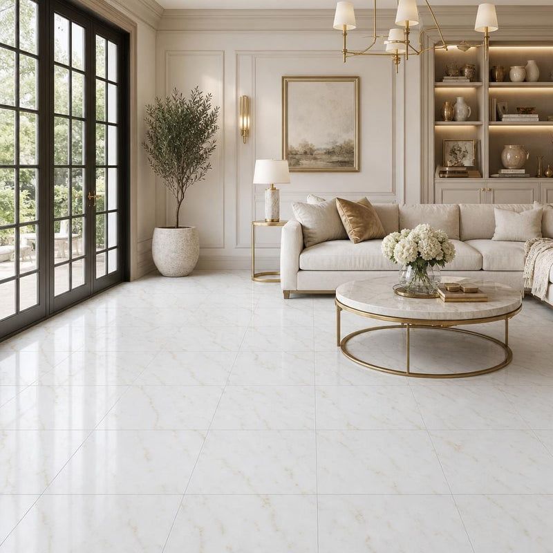 Afyon Sugar 18x18 Polished Veined Marble Tile — Living Room floor