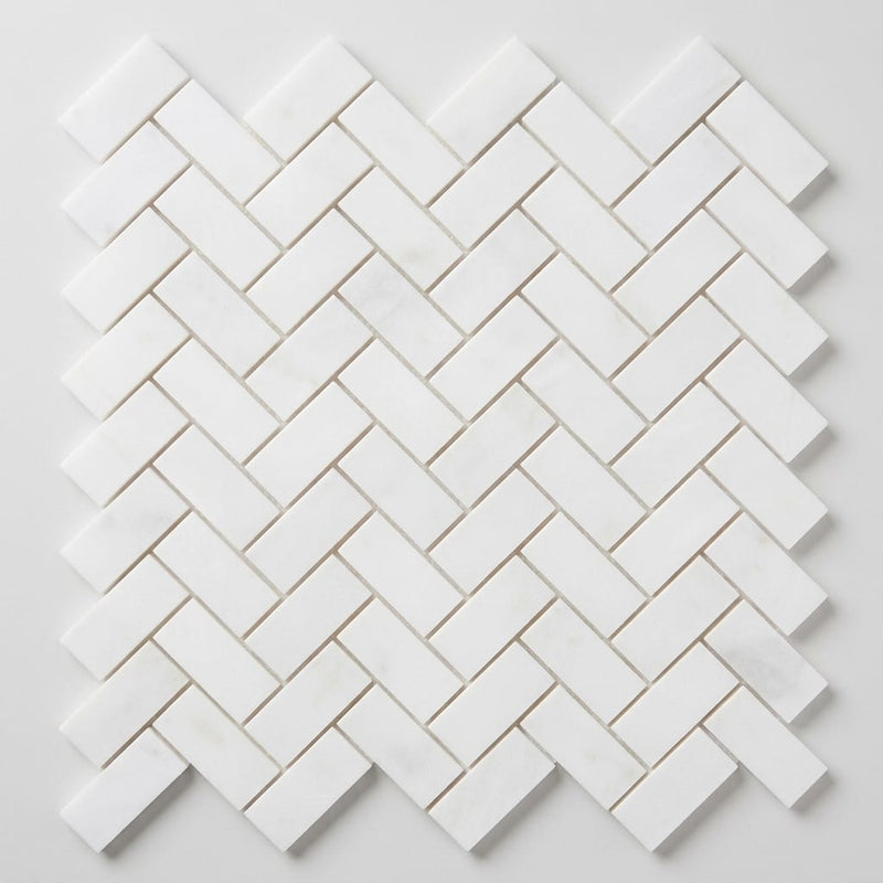 Afyon White Marble 1x2 Polished Herringbone Mosaic close-up
