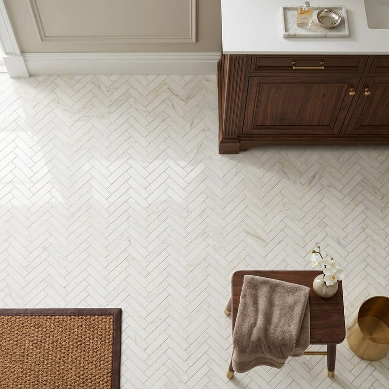 Afyon White Marble 1x4 Polished Herringbone Mosaic — Bathroom floor