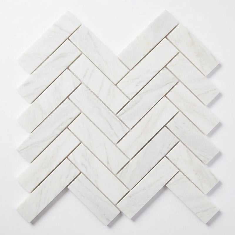 Afyon White Marble 1x4 Polished Herringbone Mosaic close-up