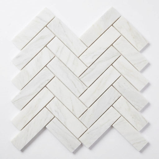 Afyon White Marble 1x4 Polished Herringbone Mosaic close-up