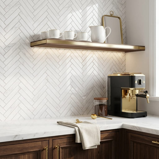 Afyon White Marble 1x4 Polished Herringbone Mosaic — Kitchen backsplash