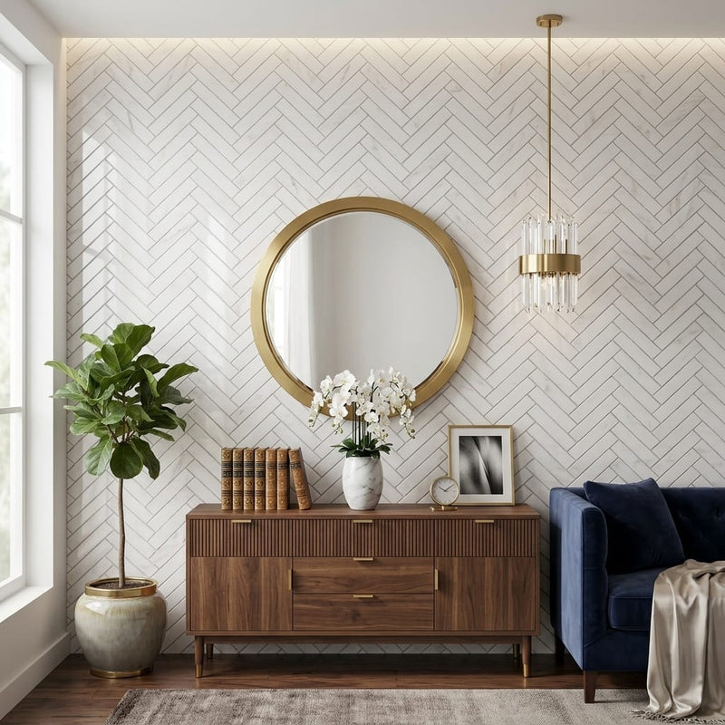 Afyon White Marble 1x4 Polished Herringbone Mosaic — Living Room accent wall