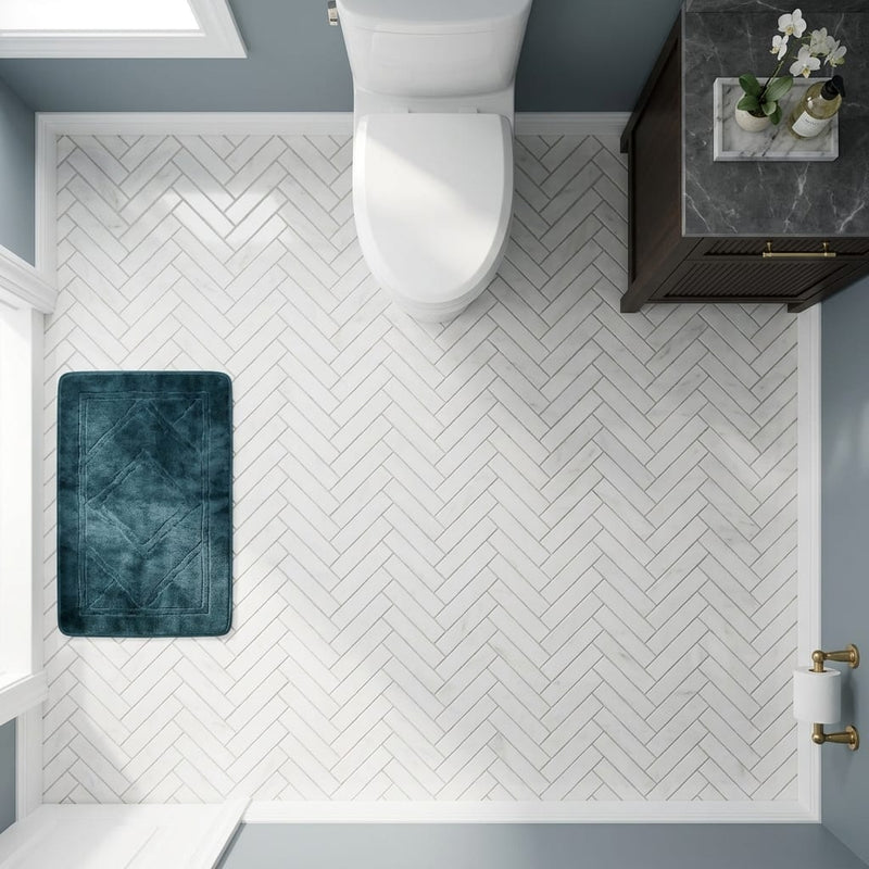 Afyon White Marble 1x4 Polished Herringbone Mosaic — Powder Room floor