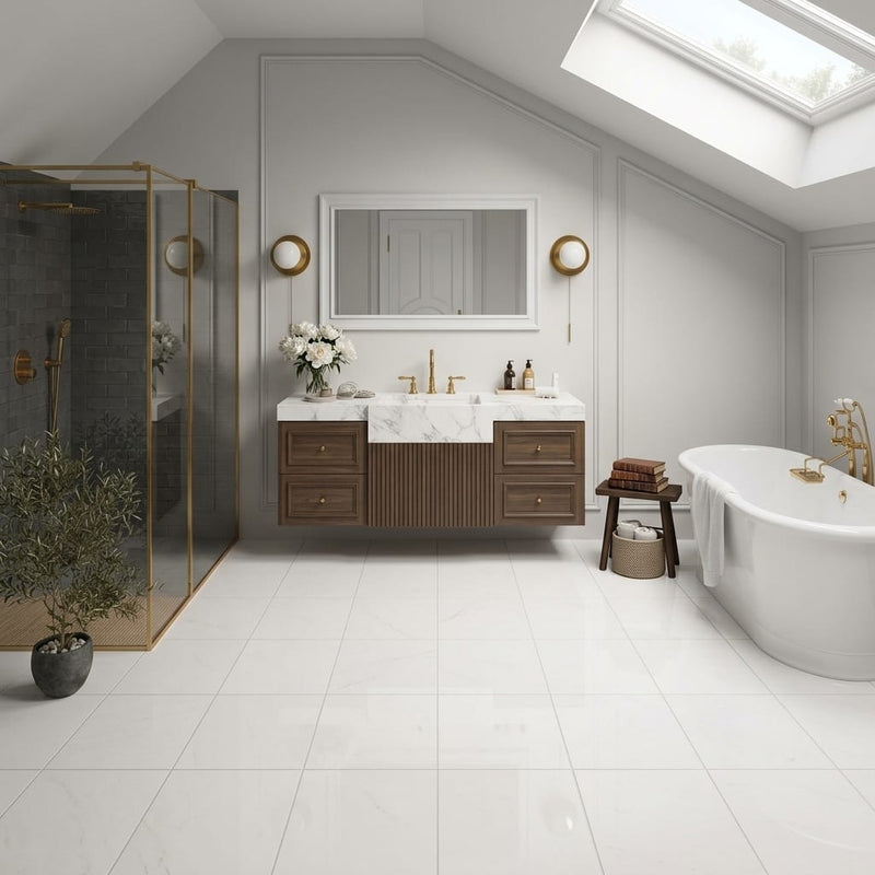 Afyon White Marble 12x12 Polished Tile — Bathroom floor