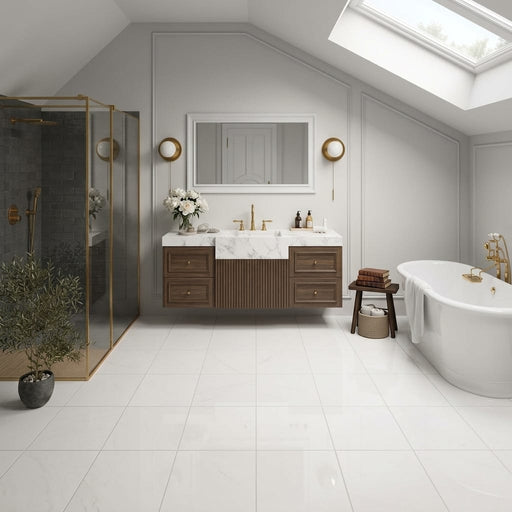 Afyon White Marble 12x12 Polished Tile — Bathroom floor