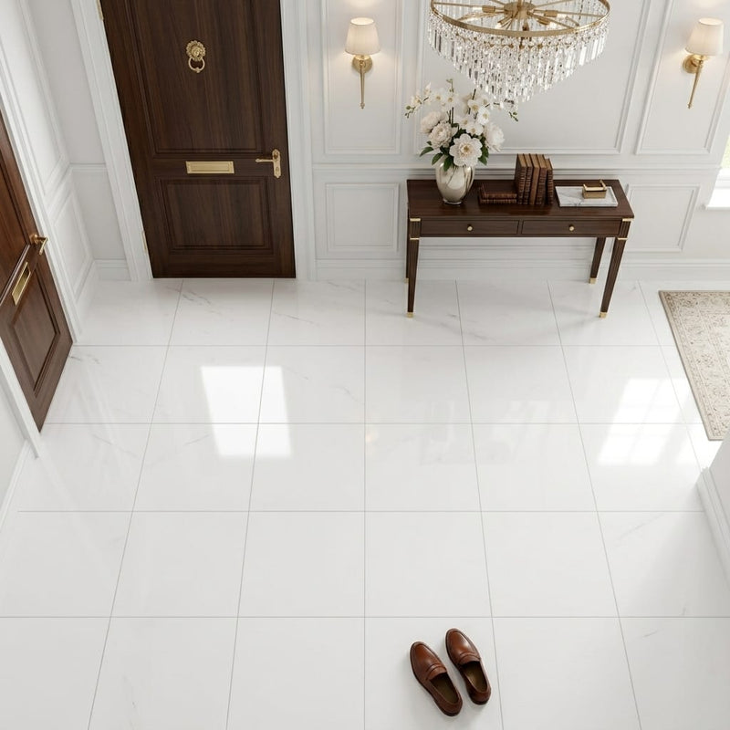 Afyon White Marble 12x12 Polished Tile — Foyer floor