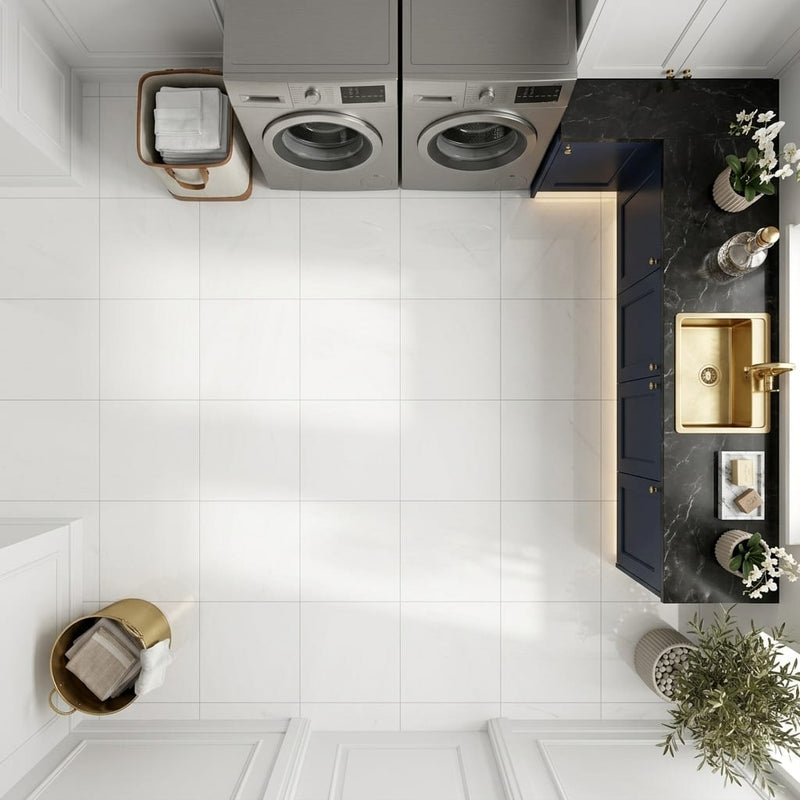 Afyon White Marble 12x12 Polished Tile — Laundry Room floor
