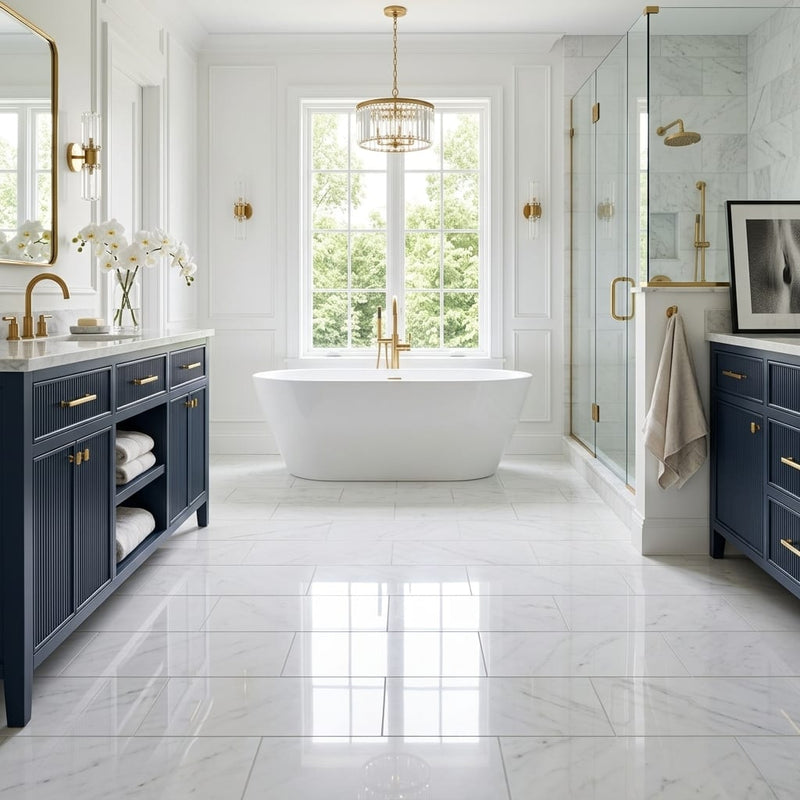 Afyon White Marble 12x24 Polished Tile — Primary Bath floor