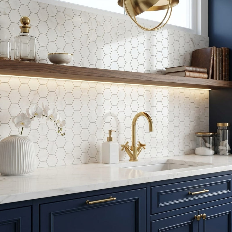 Afyon White Marble 2x2 Polished Hexagon Mosaic — Kitchen backsplash