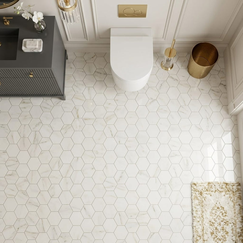 Afyon White Marble 2x2 Polished Hexagon Mosaic — Powder Room floor