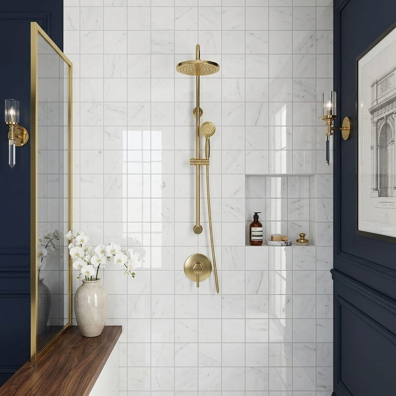 Afyon White Marble 2x2 Polished Mosaic — Bathroom shower wall