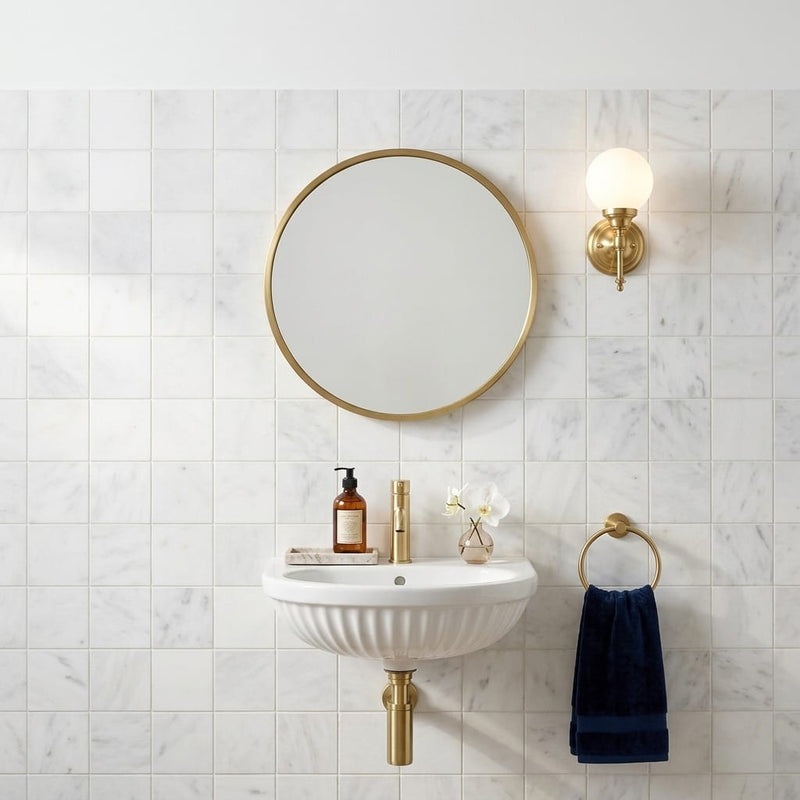 Afyon White Marble 2x2 Polished Mosaic — Powder Room wall
