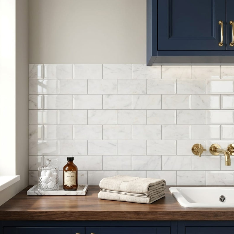Afyon White Marble 3x6 Polished Tile — Laundry Room backsplash