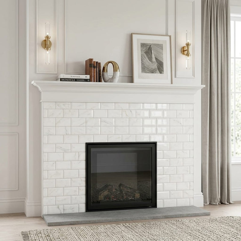 Afyon White Marble 3x6 Polished Tile — Living Room fireplace surround