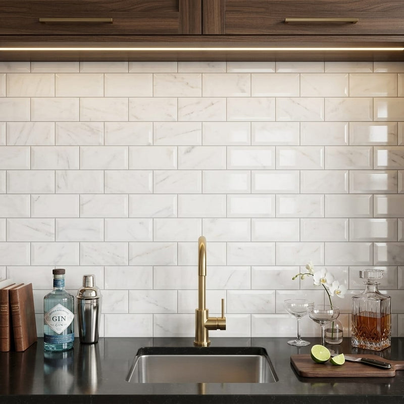 Afyon White Marble 3x6 Polished Tile — Wet Bar backsplash