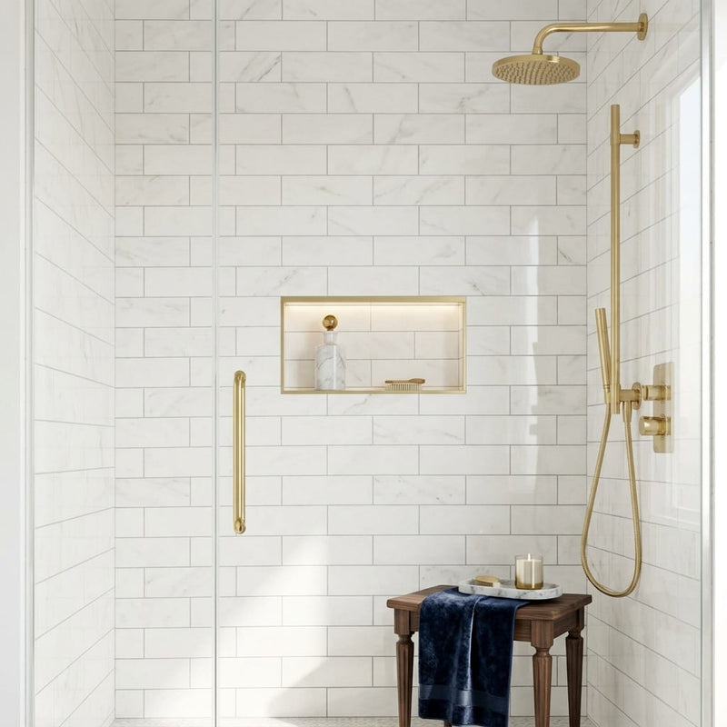 Afyon White Marble 4x12 Polished Tile — Bathroom shower wall