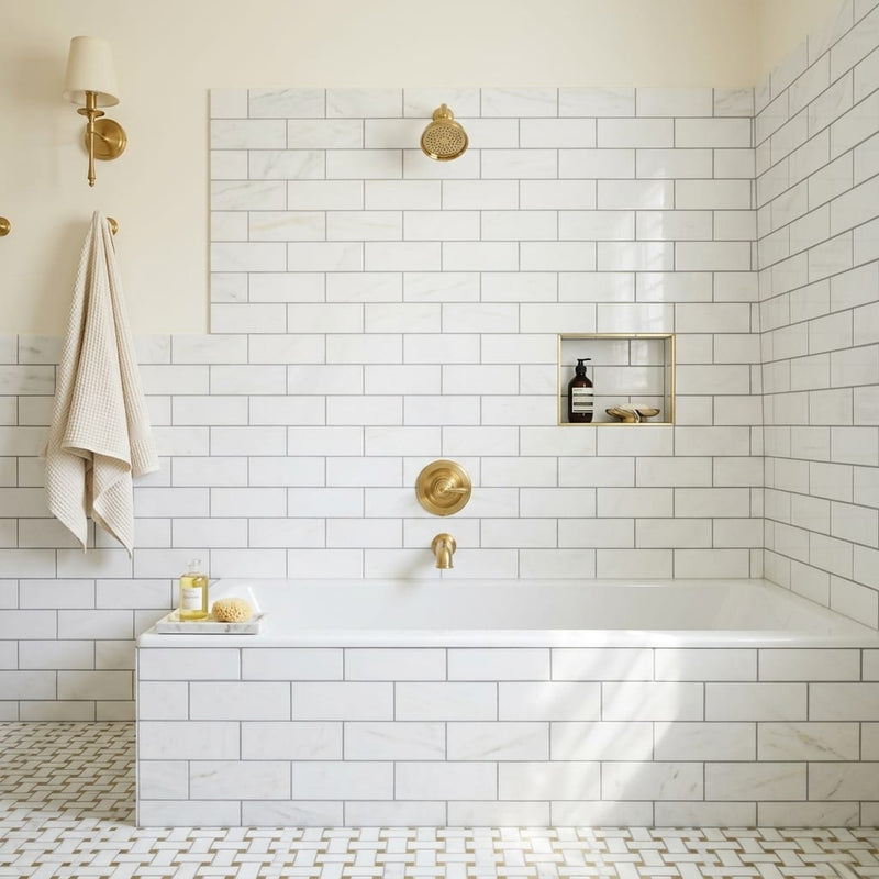 Afyon White Marble 4x12 Polished Tile — Bathroom tub surround