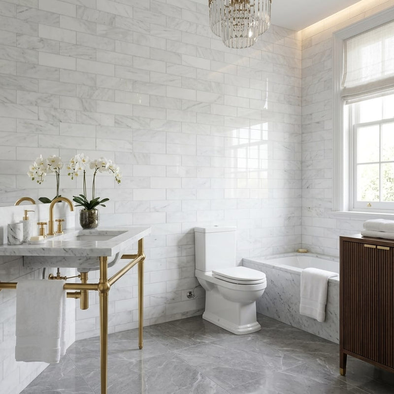 Afyon White Marble 4x12 Polished Tile — Bathroom wall