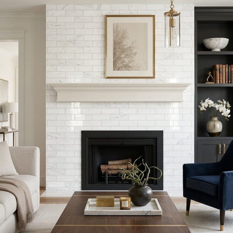 Afyon White Marble 4x12 Polished Tile — Living Room fireplace surround