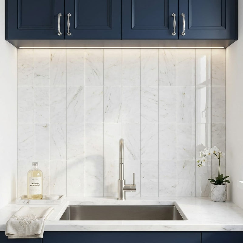 Afyon White Marble 6x12 Polished Tile — Laundry Room backsplash