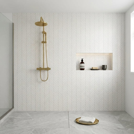 Afyon White Marble Polished Chevron Mosaic Chevron (1" X 4") Mosaic 1x4 — Bathroom shower wall