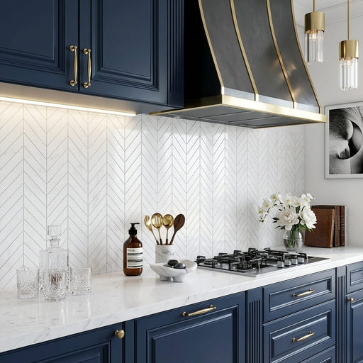 Afyon White Marble Polished Chevron Mosaic Chevron (1" X 4") Mosaic 1x4 — Kitchen backsplash