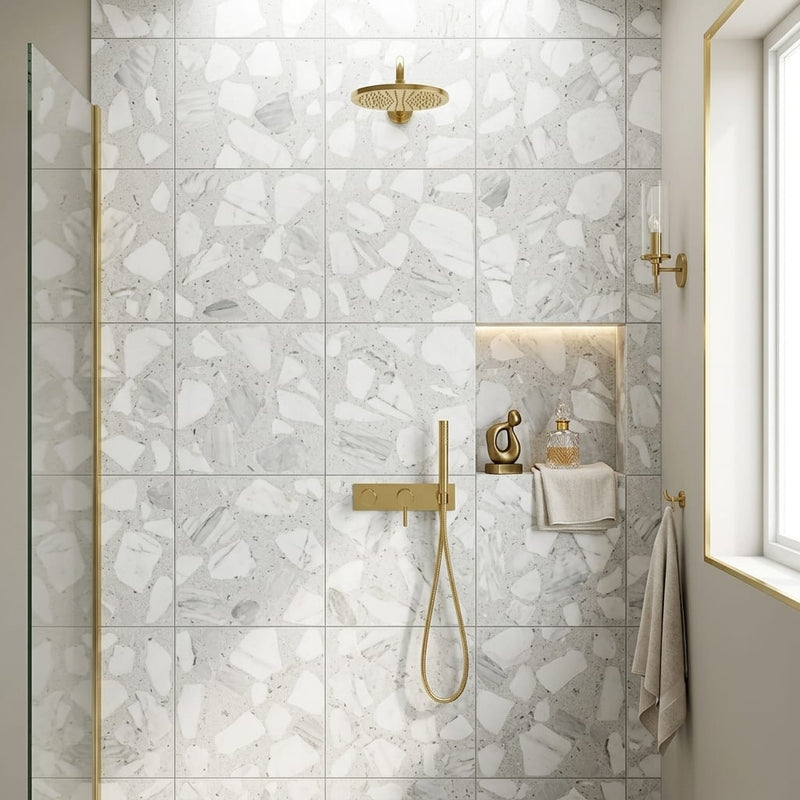 Agglomerate Tile Palladio Doge Marble 24x24 — Bathroom shower wall
