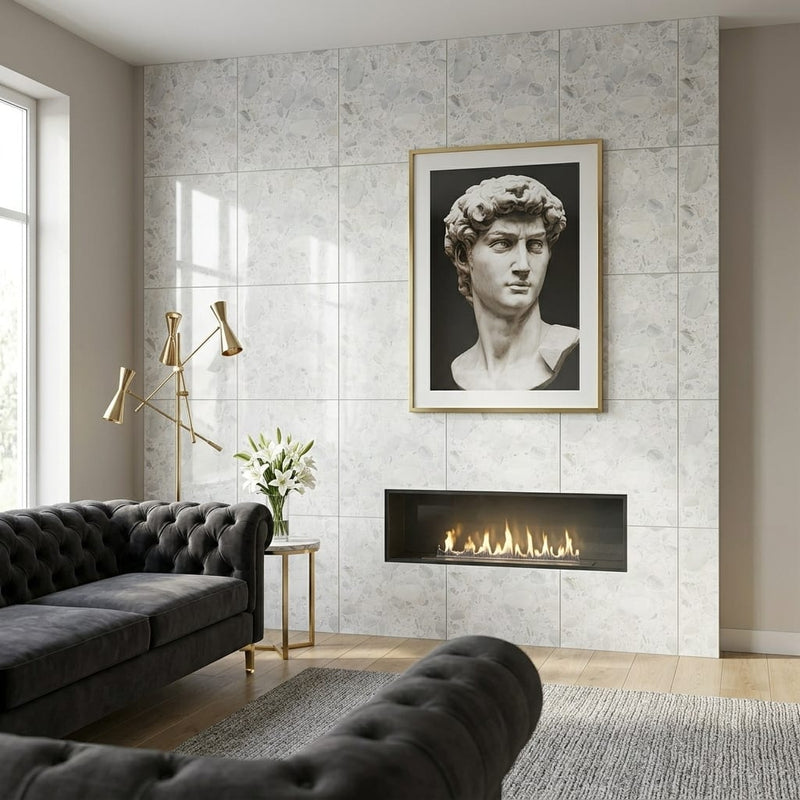Agglomerate Tile Palladio Doge Marble 24x24 — Living Room feature wall