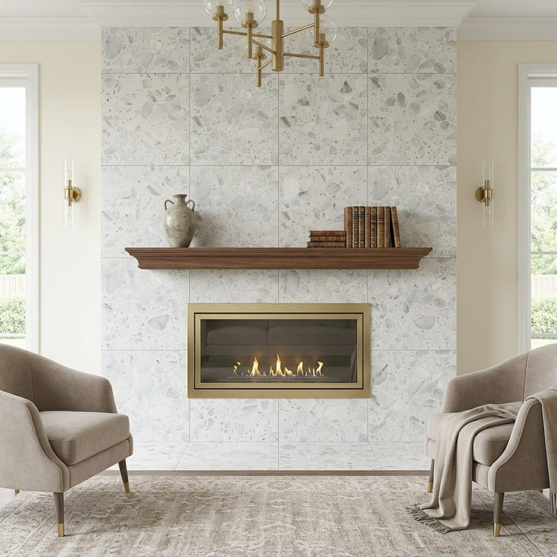 Agglomerate Tile Palladio Doge Marble 24x24 — Living Room fireplace surround