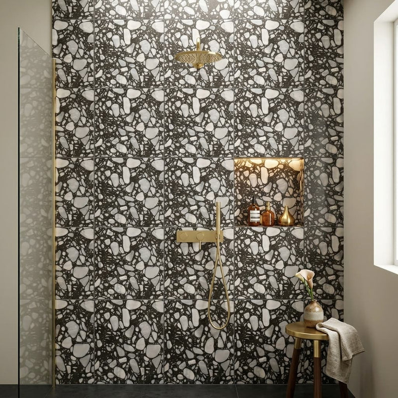 Agglomerate Palladio Moro Marble Tile in Deep Brown 24x24 — Bathroom shower wall