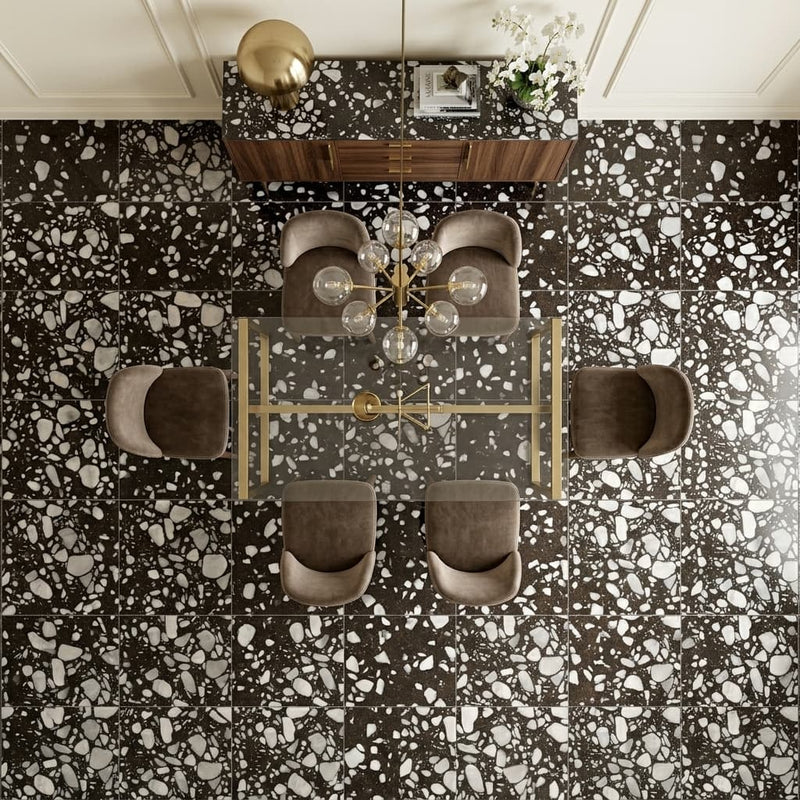 Agglomerate Palladio Moro Marble Tile in Deep Brown 24x24 — Dining Room floor