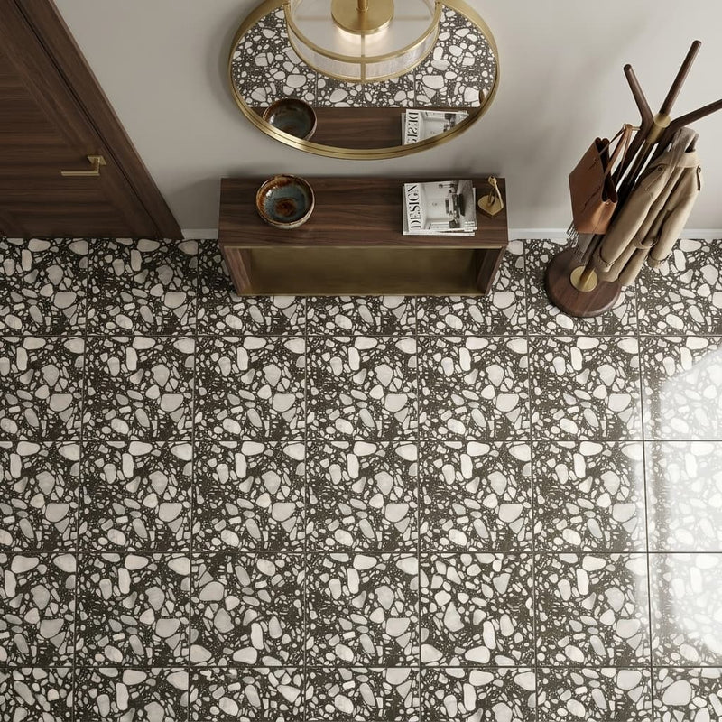 Agglomerate Palladio Moro Marble Tile in Deep Brown 24x24 — Foyer floor