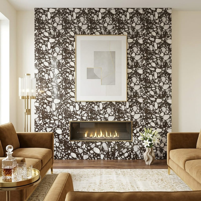 Agglomerate Palladio Moro Marble Tile in Deep Brown 24x24 — Living Room feature wall