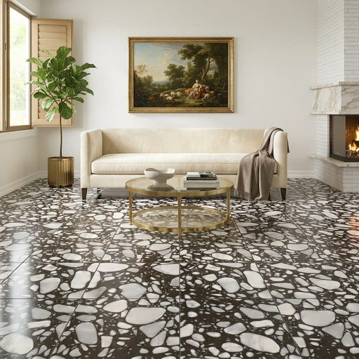 Agglomerate Palladio Moro Marble Tile in Deep Brown 24x24 — Living Room floor