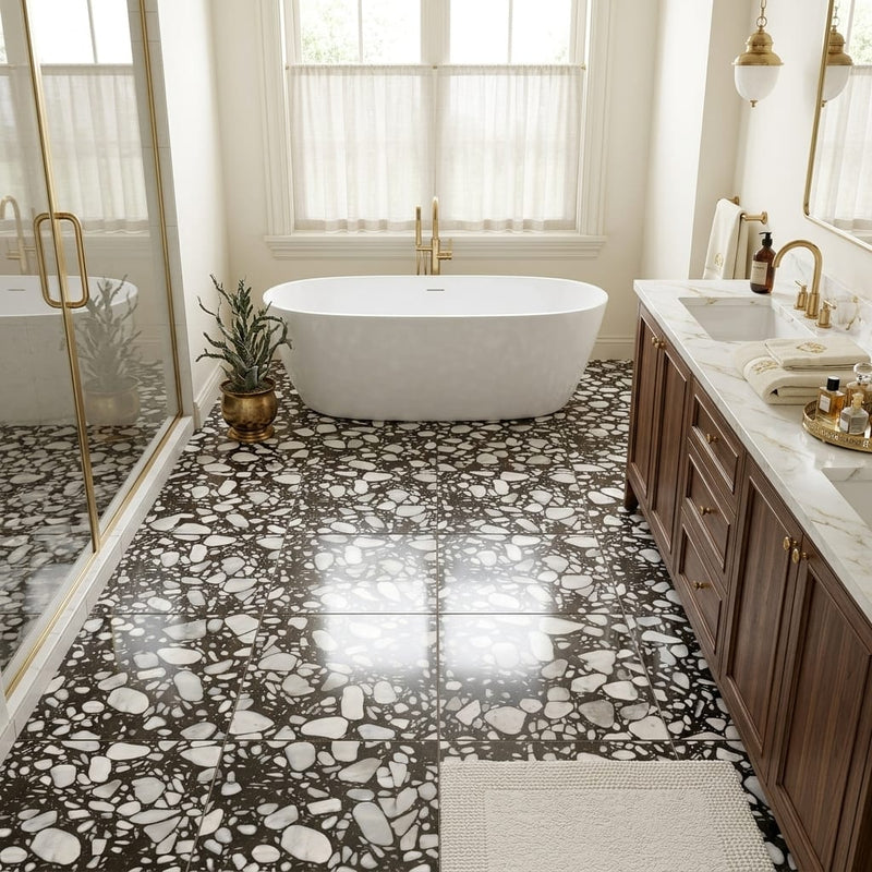 Agglomerate Palladio Moro Marble Tile in Deep Brown 24x24 — Primary Bath floor