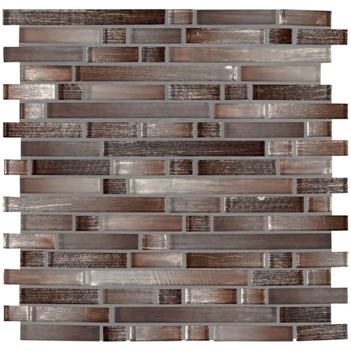 Akaya Copper interlocking glass mosaic with warm copper-brown, pearly grey and textured dark rectangular strips.